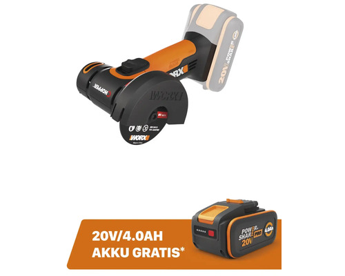 Akku-Mini-Winkelschleifer CHOPPER WORX 20V 76mm WX801.9 + GRATIS Zugabeartikel
            Ersatzakku WA3644 4,0 Ah 20V