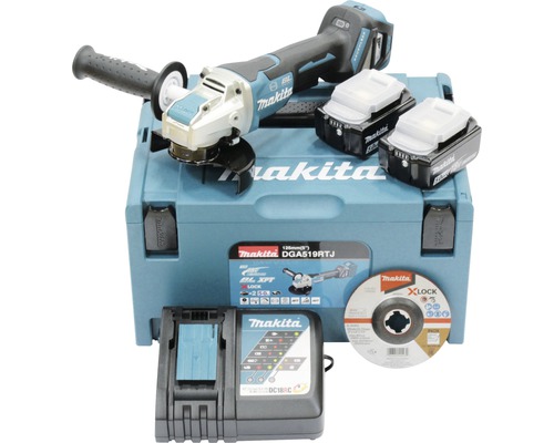Akku-Winkelschleifer Makita DGA519RTJ mit X-LOCK Schnellwechselsystem, inkl. 2 x Akku 5,0 Ah, Ladegerät und MAKPAC Gr. 3