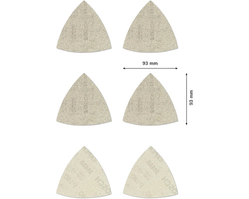 Schleifblatt für Deltaschleifer Bosch, 93x93x93 mm, Korn 80/120/180, Ungelocht, 6 Stück